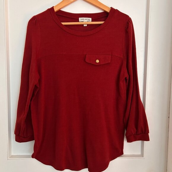 Faith & Joy Sweater in Rust with Faux Pocket and Button Size Large - Picture 9 of 9